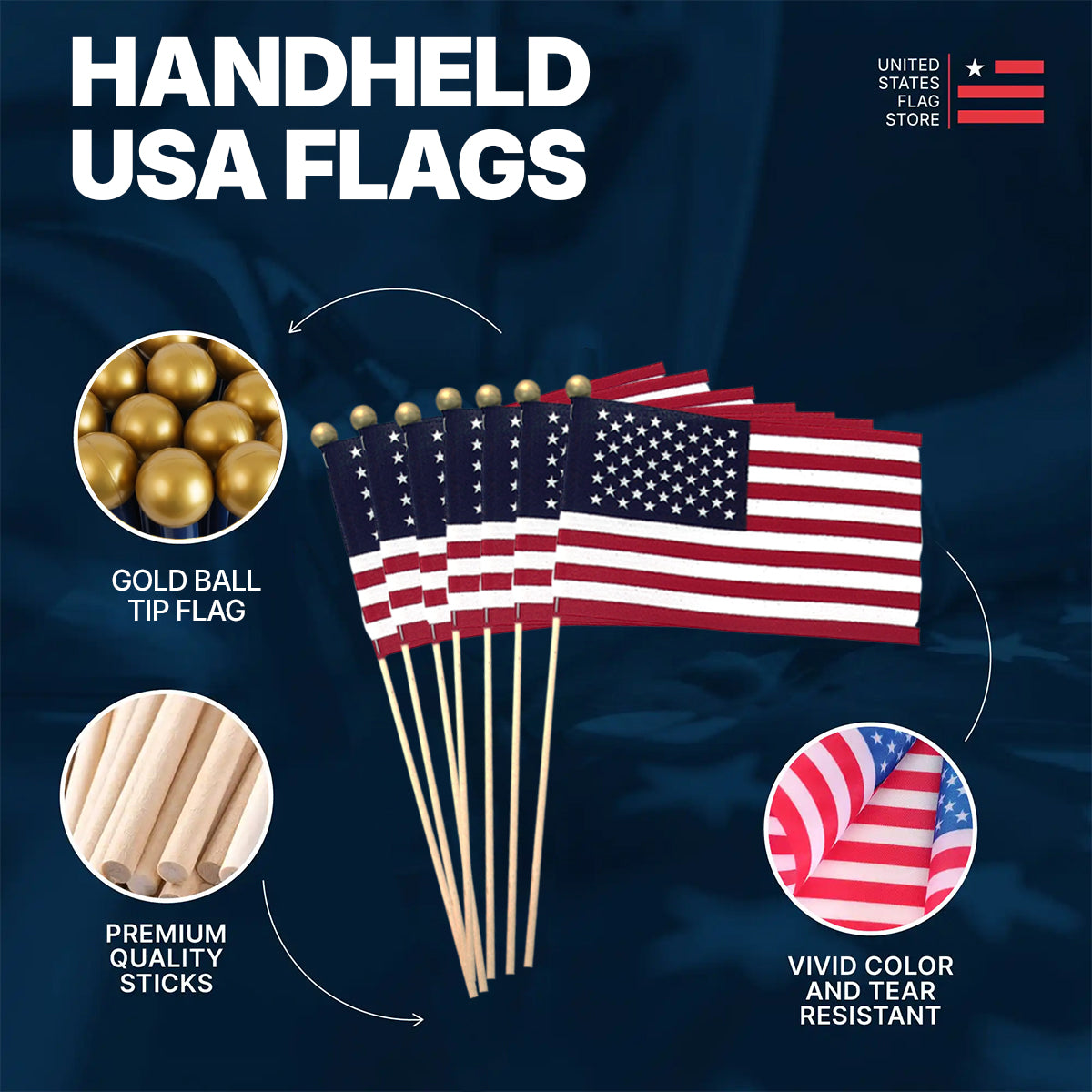 Super Tough 4"x6" Cotton US Stick Flag with Ball Tip - 100 Pack
