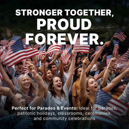 People holding American flags with text 'Stronger Together, Proud Forever' on a dark background