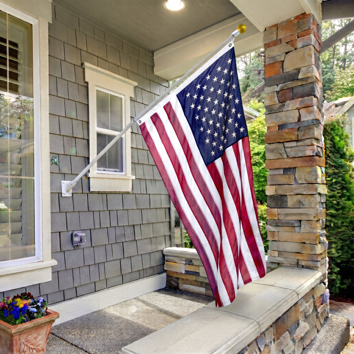 Super Tough Bundle - 3ft x 5ft Knitted Polyester American + 6ft Aluminum Two Piece Spinner Flagpole Kit