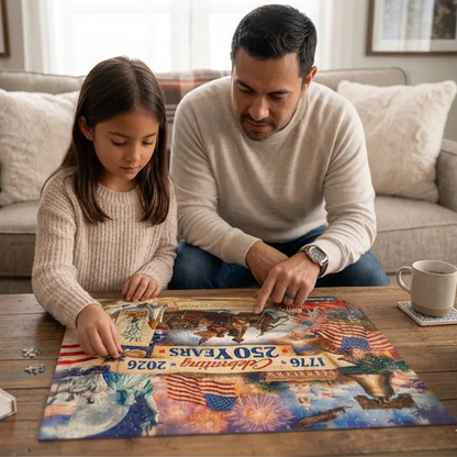 Man and young girl working on a puzzle together in a cozy living room.