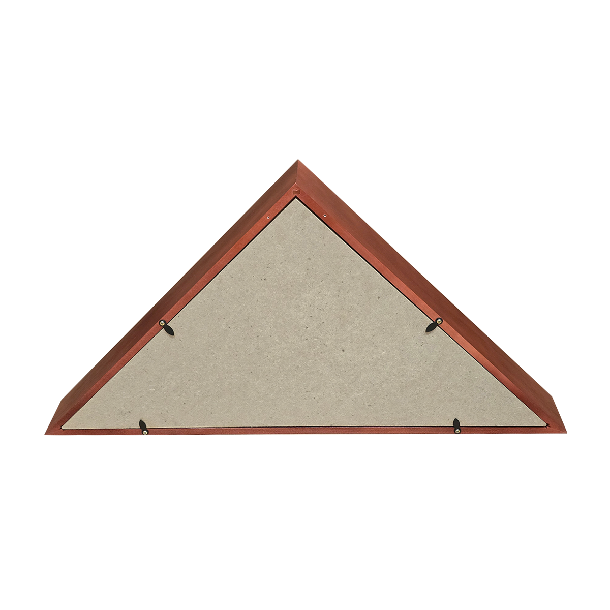 Triangular wooden flag display frame with a beige mat on a white background