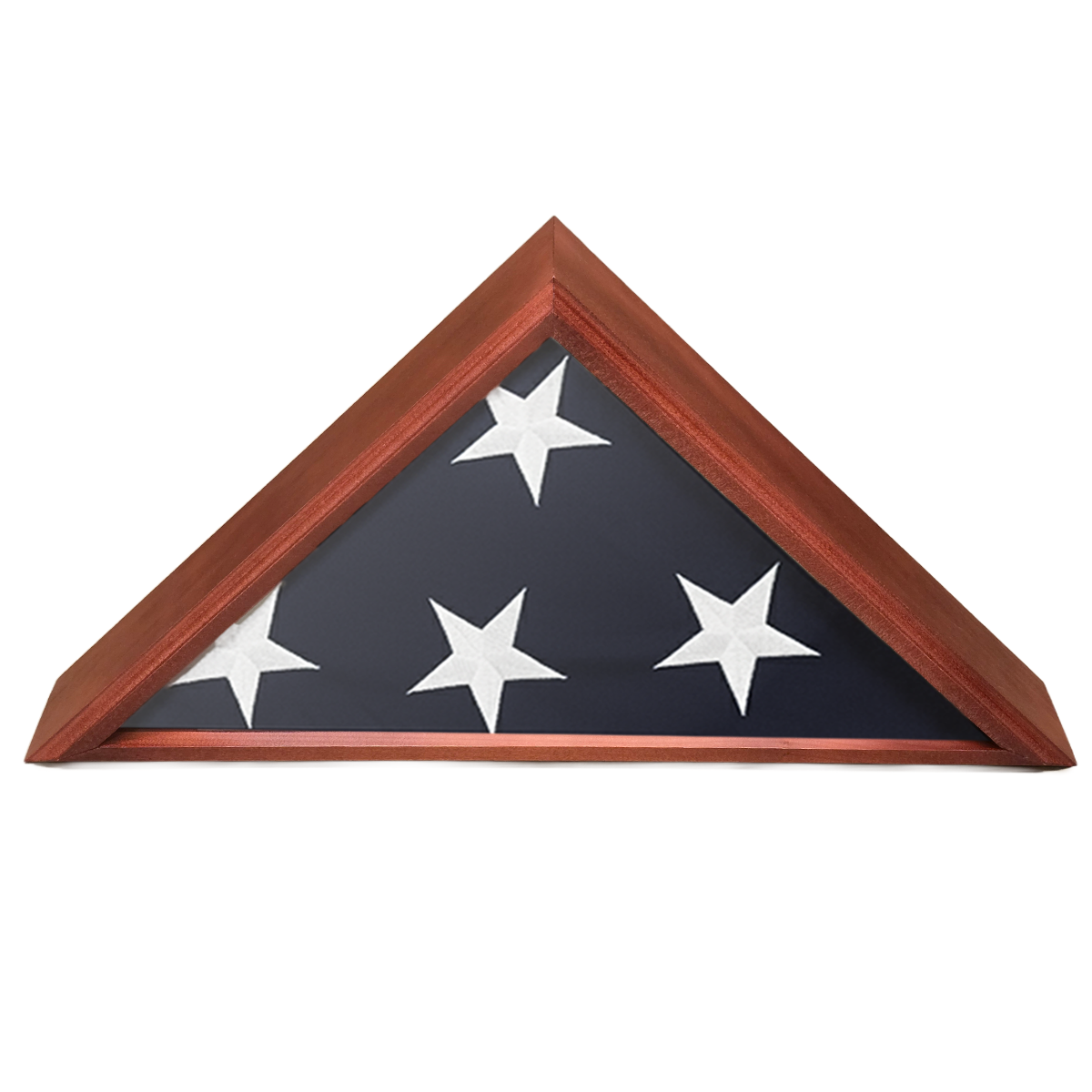 Triangular flag display case with wooden frame and American flag design on a white background