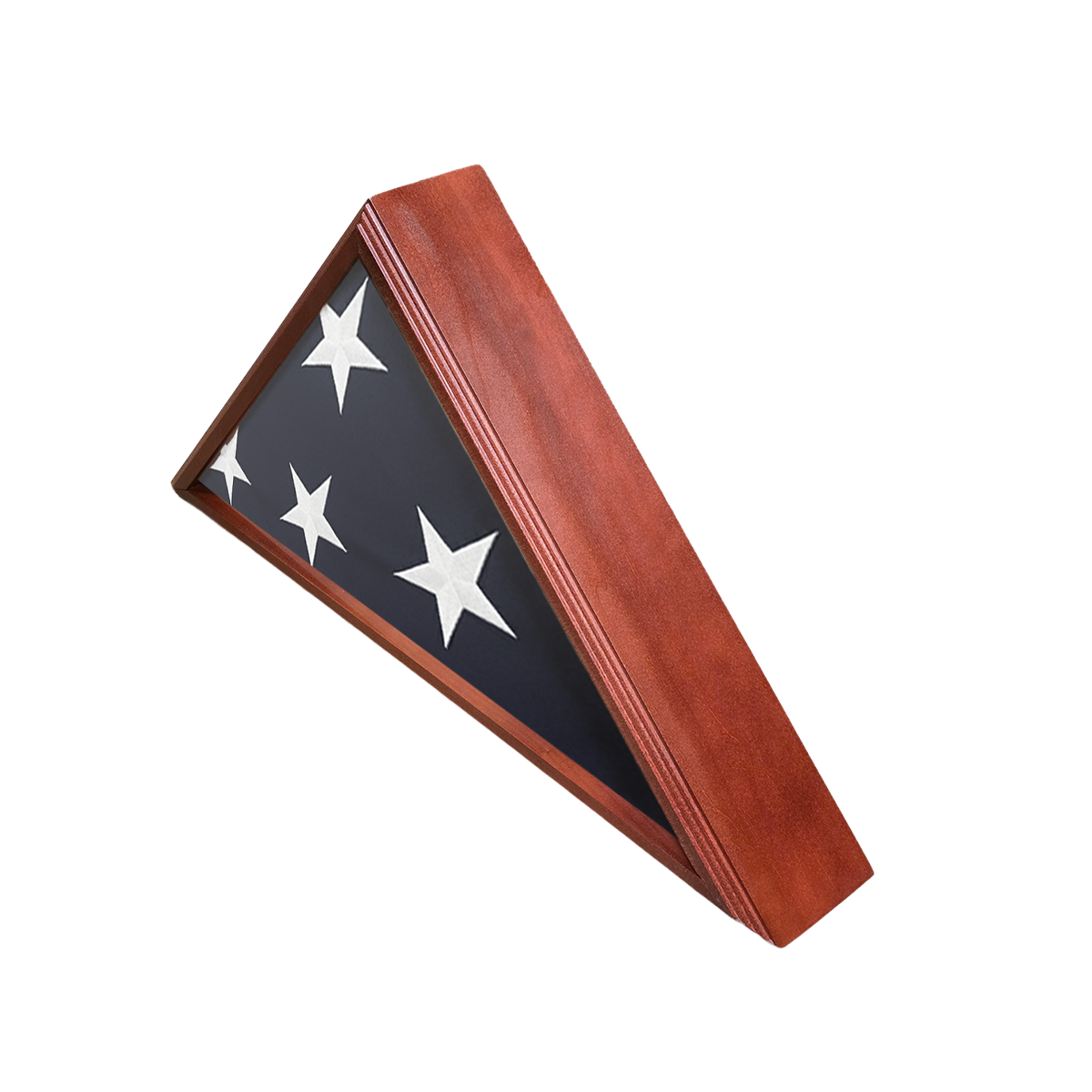 Wooden flag display case with American flag inside on a white background