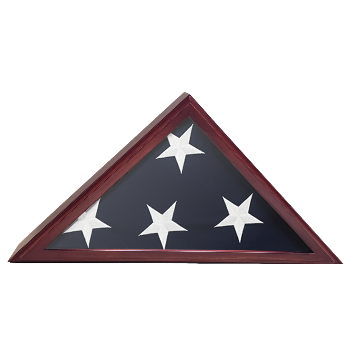 A triangular flag display case with a wooden frame on a white background featuring.  The flag is folded showing four white stars and the blue canton