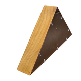 Triangle shaped wood flag display case with metal brackets on a white background