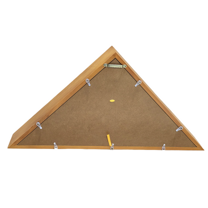 Triangular wooden flag display case with a brown backer on a white background