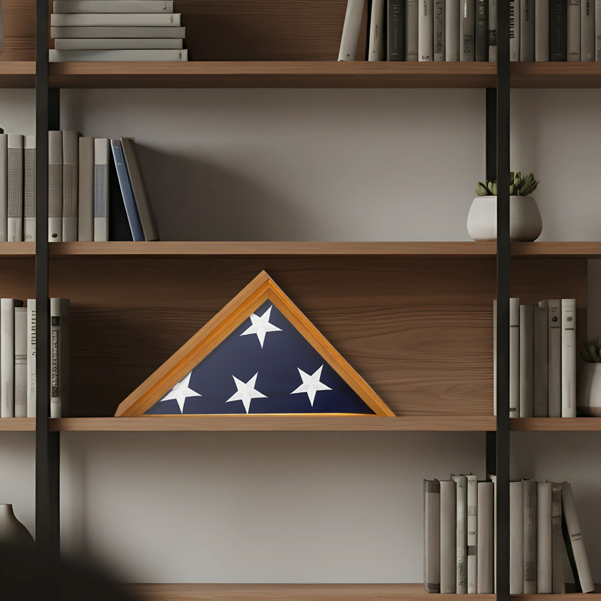 Framed American flag on a wooden bookshelf with books and a plant.