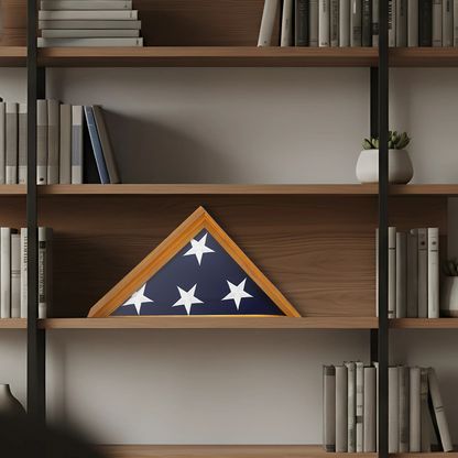Framed American flag on a wooden bookshelf with books and a plant.