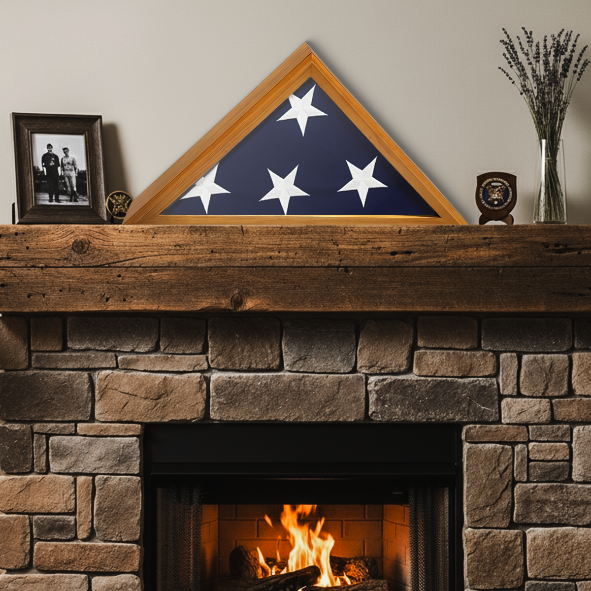 Framed flag with stars on a stone fireplace mantel