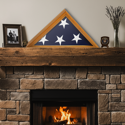 Framed flag with stars on a stone fireplace mantel