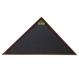 Triangular wooden flag display frame with a dark backing on a white background