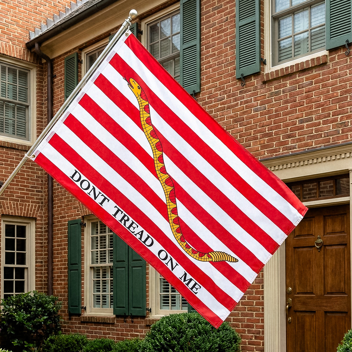 Flag with 'Don't Tread on Me' design in front of a brick building