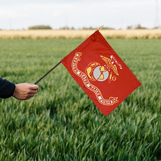 US Marine Corps 8 x 12 inch Nylon Stick Flag Mounted on 18" Staff - Minimum of 12