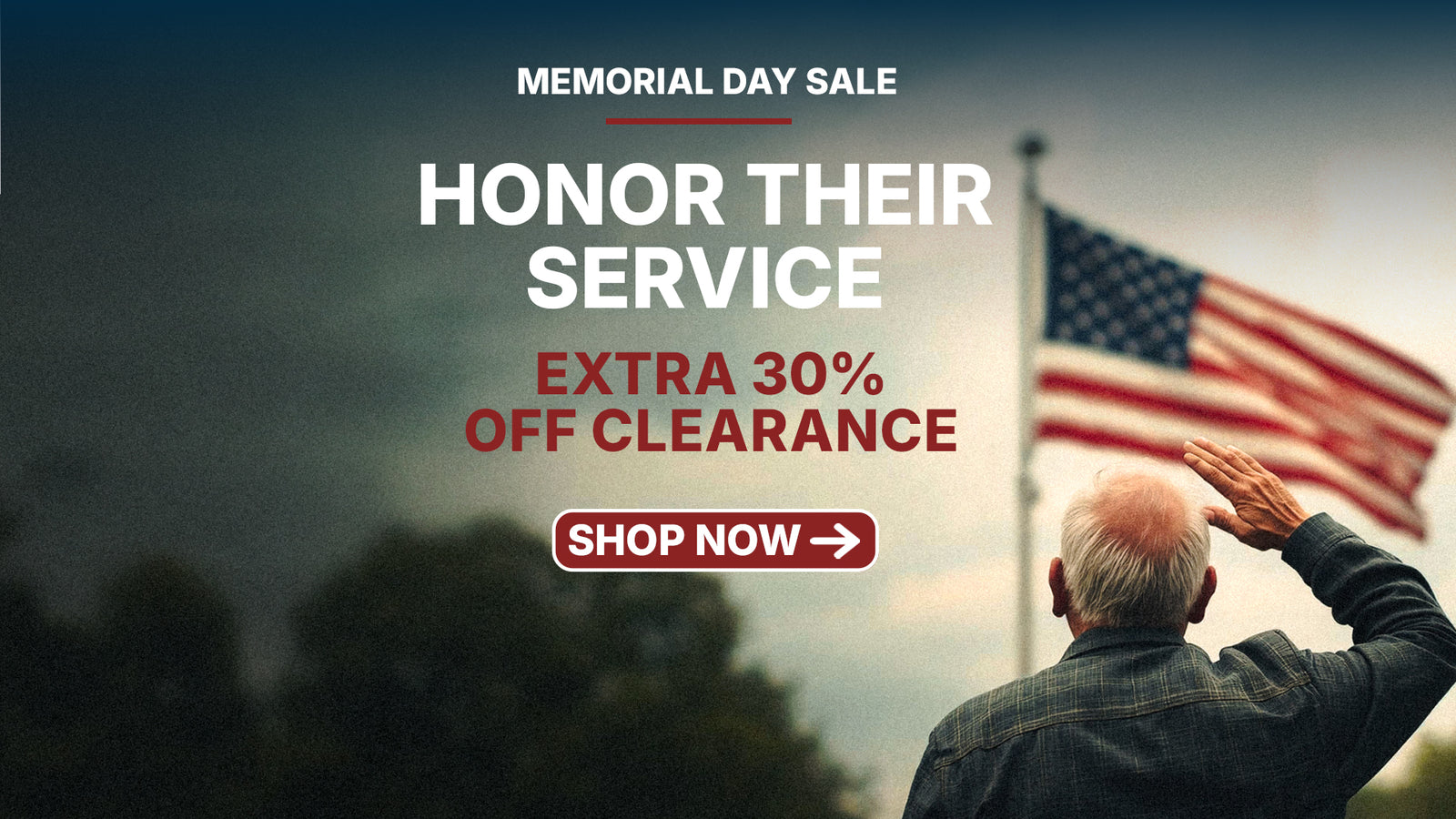 Memorial Day sale advertisement with a man saluting an American flag.
