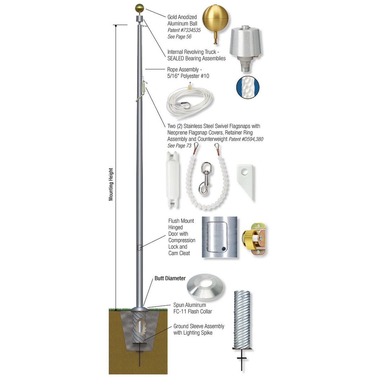 Monarch Series 20ft Commercial Flagpole - .188in Wall Thickness - 5in Butt Diameter