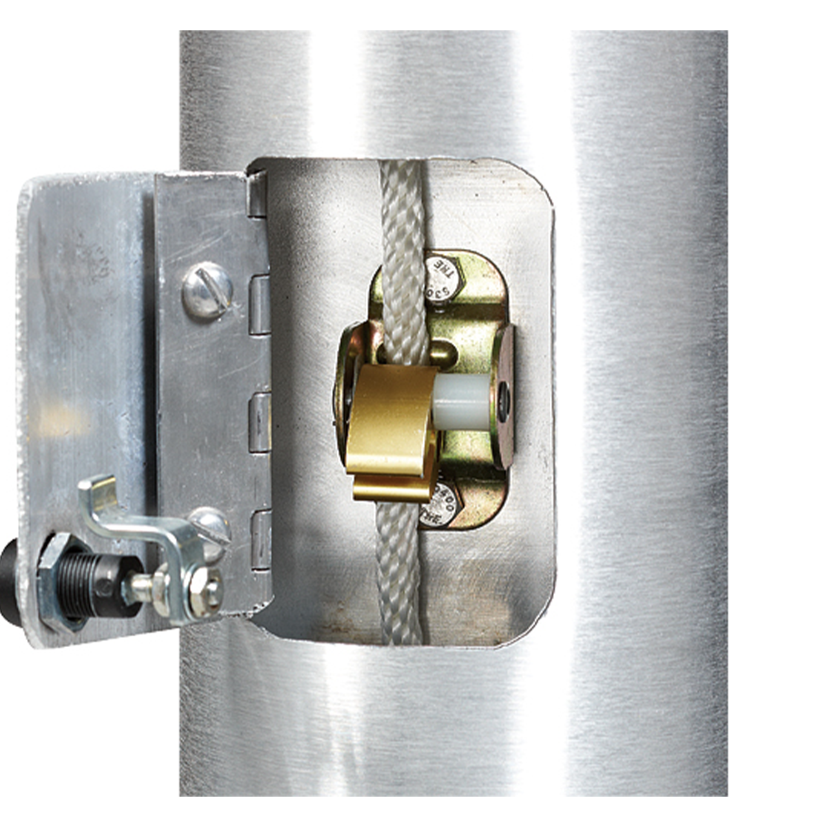 Metal lock mechanism with a rope for a flagpole on a white background
