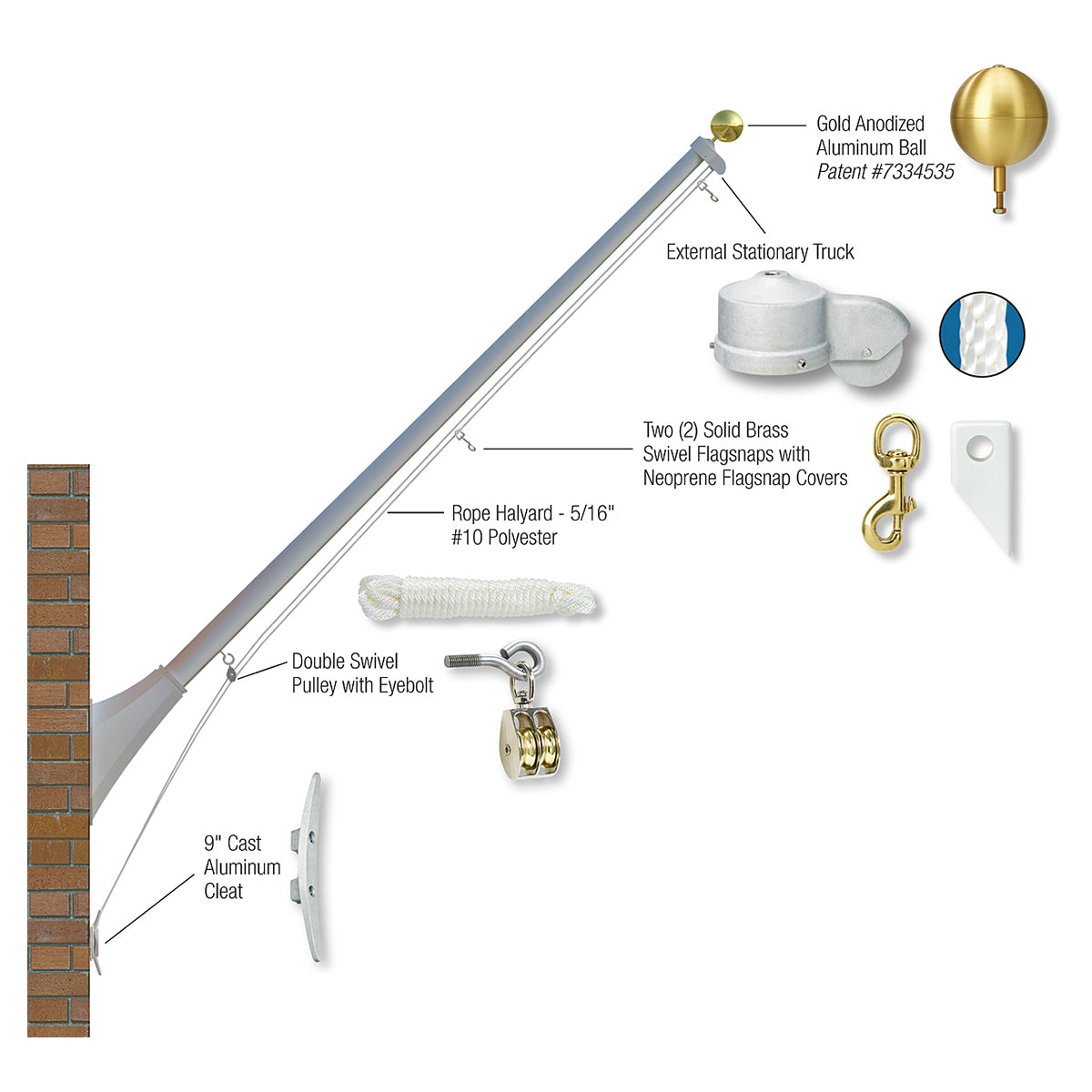 10ft Outrigger Wall Mount Series Commercial Flagpole - 60° Angle - .125in Wall Thickness - 4in Butt Diameter