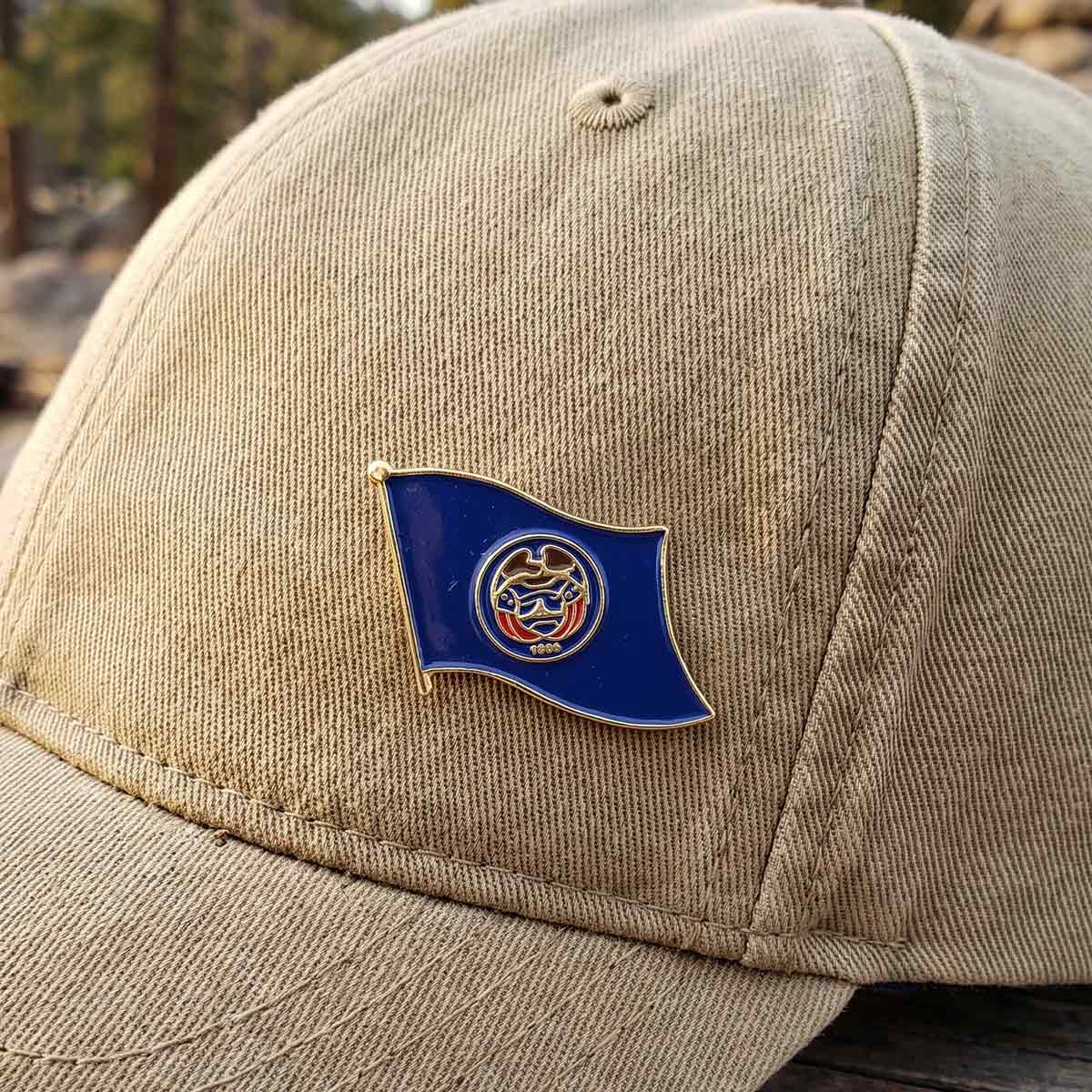 state flag pin on a tan baseball cap