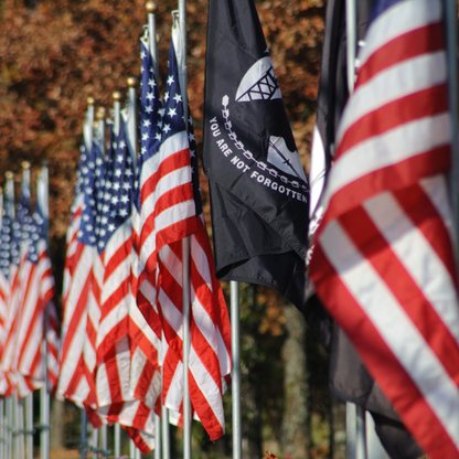 A row of American flags and a black memorial flag reading 'YOU ARE NOT FORGOTTEN' with a diamond emblem, photographed outdoors against blurred autumn trees.