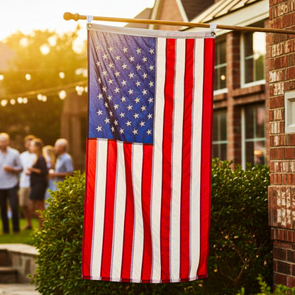 American flag hanging outdoors with people and a building in the background