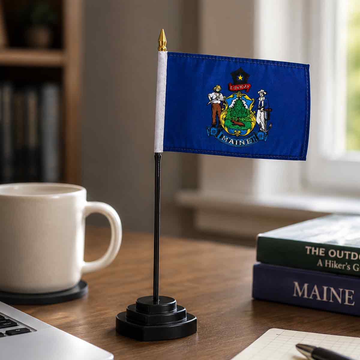 Maine state flag on a desk stand next to a coffee mug and books