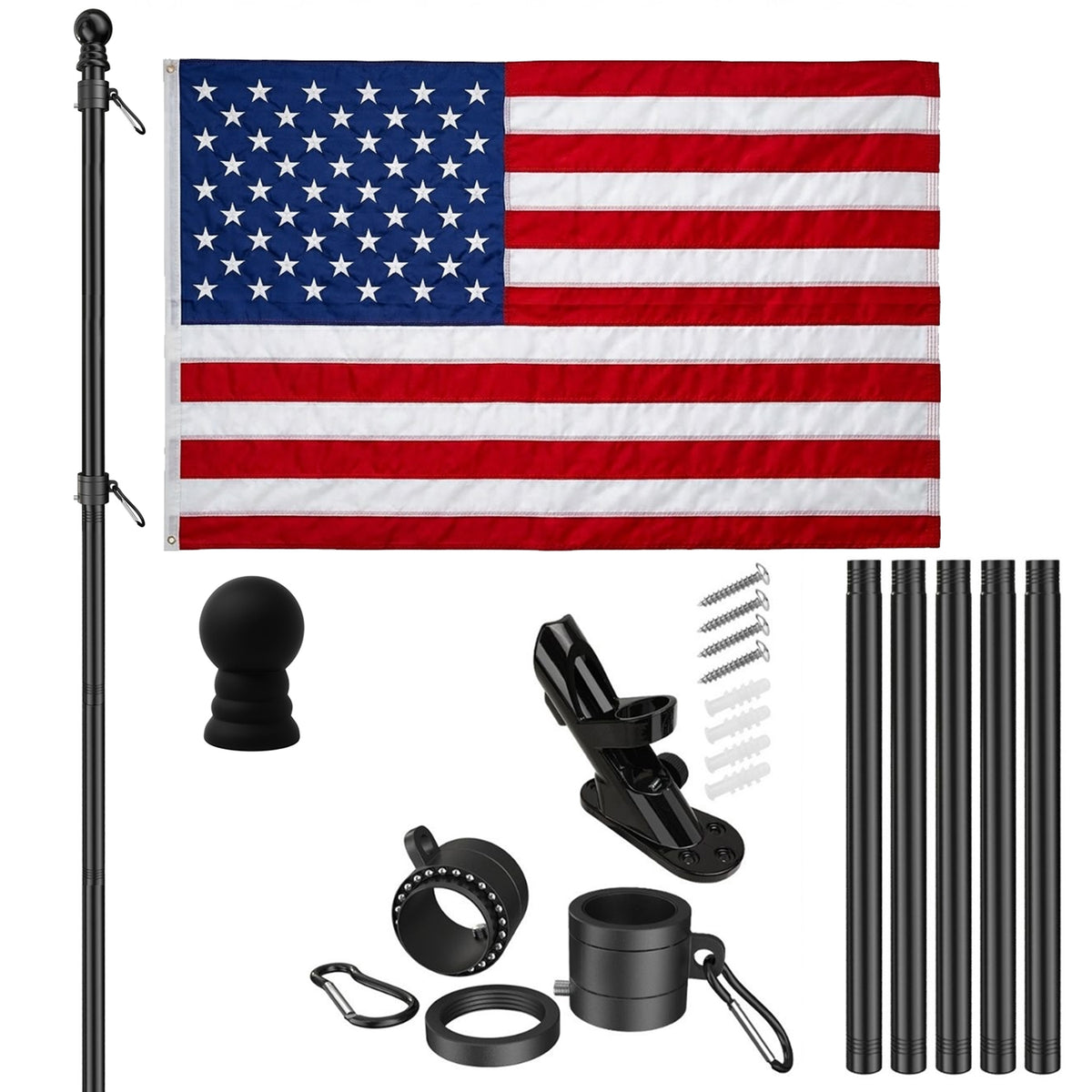 Super Tough Kit - 3ft x 5ft Knitted Polyester American Flag + 6ft 5-Piece Stainless Steel Outdoor Black Flagpole Kit