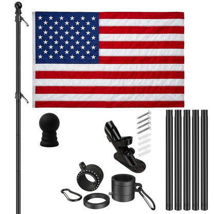 Super Tough Kit - 3ft x 5ft Knitted Polyester American Flag + 6ft 5-Piece Stainless Steel Outdoor Black Flagpole Kit