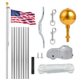 Collection of flagpole accessories including a flag, gold ball, and various metal components on a white background.