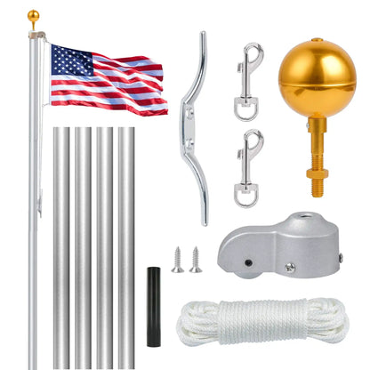 Collection of flagpole accessories including a flag, gold ball, and various metal components on a white background.