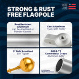 United States Flag Store advertisement for a strong and rust-free flagpole with product features highlighted.
