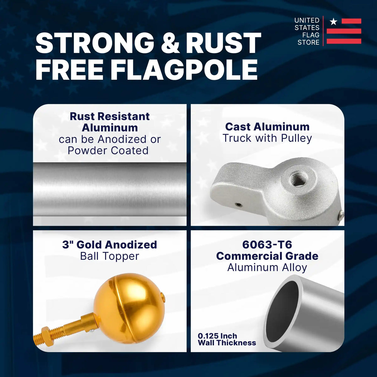 United States Flag Store advertisement for a strong and rust-free flagpole with product features highlighted.