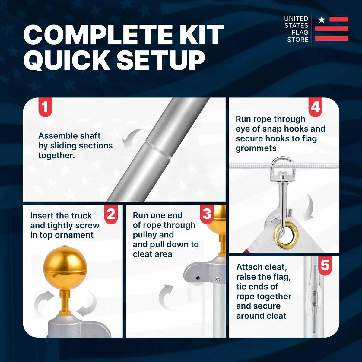 Step-by-step guide for setting up a flag kit with illustrations and text.