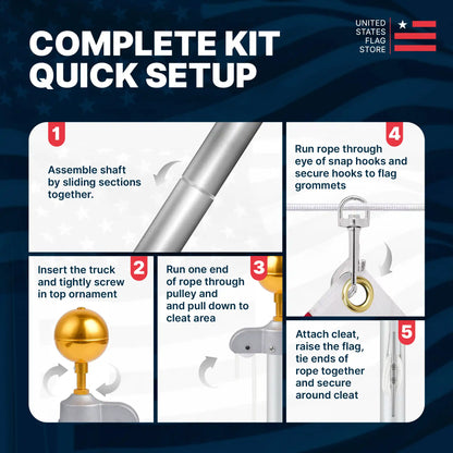 Step-by-step guide for setting up a flag kit with illustrations and text.