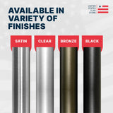 Four metal poles with different finishes labeled Satin, Clear, Bronze, and Black on a gray background with 'United States Flag Store' branding.