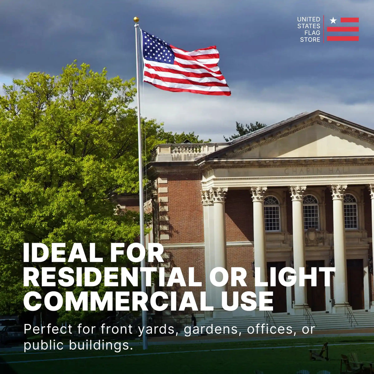 American flag flying in front of a building with text about flag use.