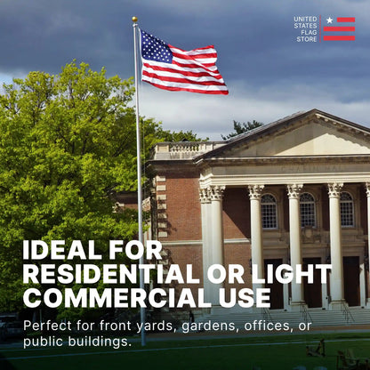 American flag flying in front of a building with text about flag use.