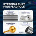 Super Tough 25ft Aluminum Sectional Heavy Duty Residential Flagpole - Satin Finish