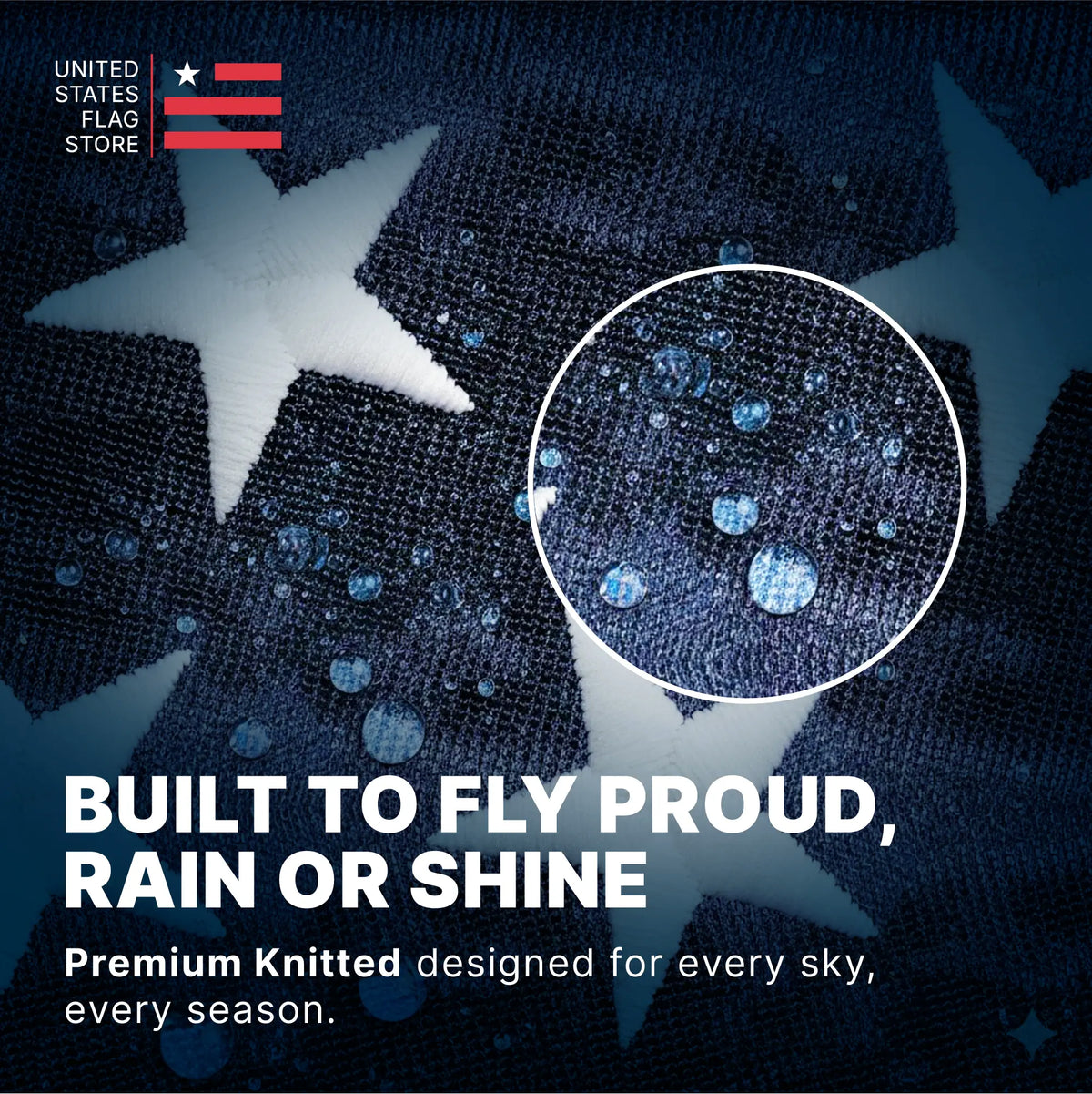 American flag with close-up of fabric texture and text about durability.