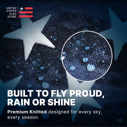 American flag with close-up of fabric texture and text about durability.