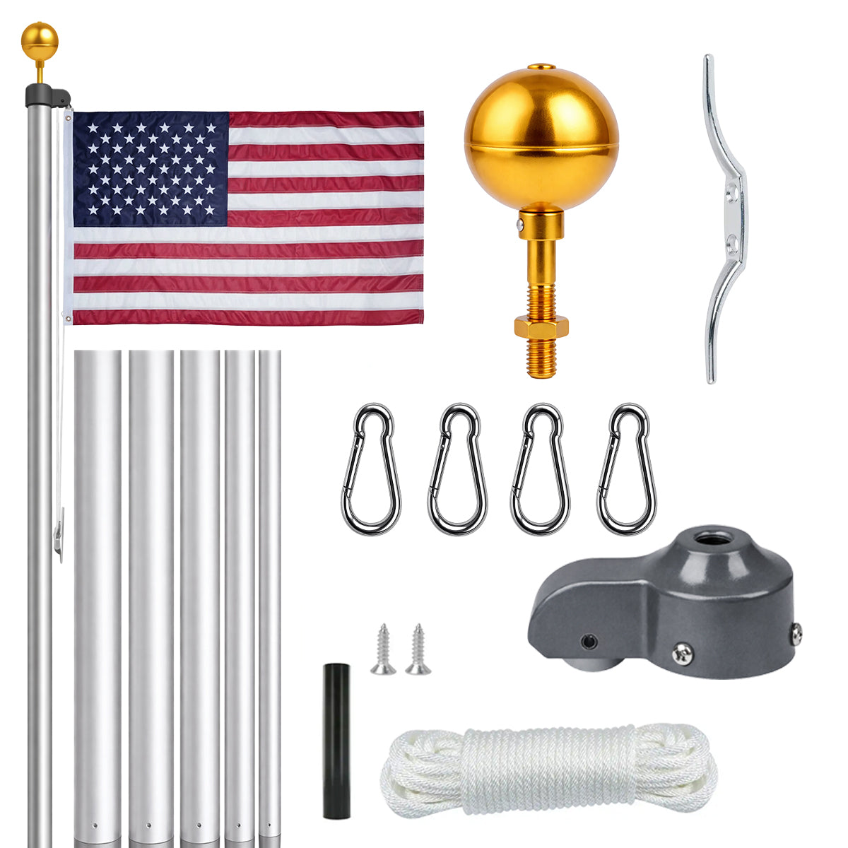 Flagpole kit with American flag, gold ball, carabiners, and rope on a white background