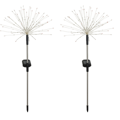 Two solar garden lights with starburst design on white background