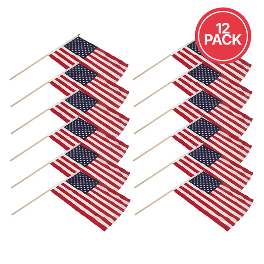 US Stick Flag 12" x 18" with 24" Wood Stick - Best Quality 12PK