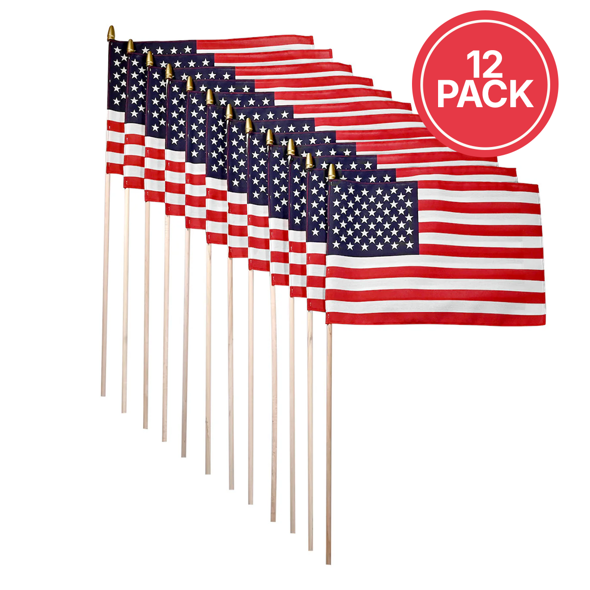 Super Tough 12x18 US Stick Flag with 30x3/8 Wood Staff - Sewn Edges 12 Pack