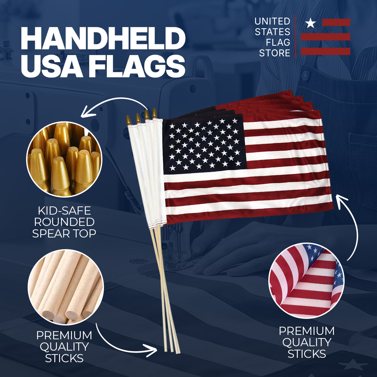 Handheld USA flags displayed on a dark blue graphic background with feature callouts. The product includes a fanned-out set of small American flags on white poles, with circular inset images highlighting kid-safe rounded spear tops and premium quality sticks.