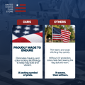A promotional comparison graphic for a United States flag, showing two side-by-side panels labeled 'OURS' and 'OTHERS' with American flag imagery and text about durability and stitching quality. The top left corner includes the text 'UNITED STATES FLAG STORE'.