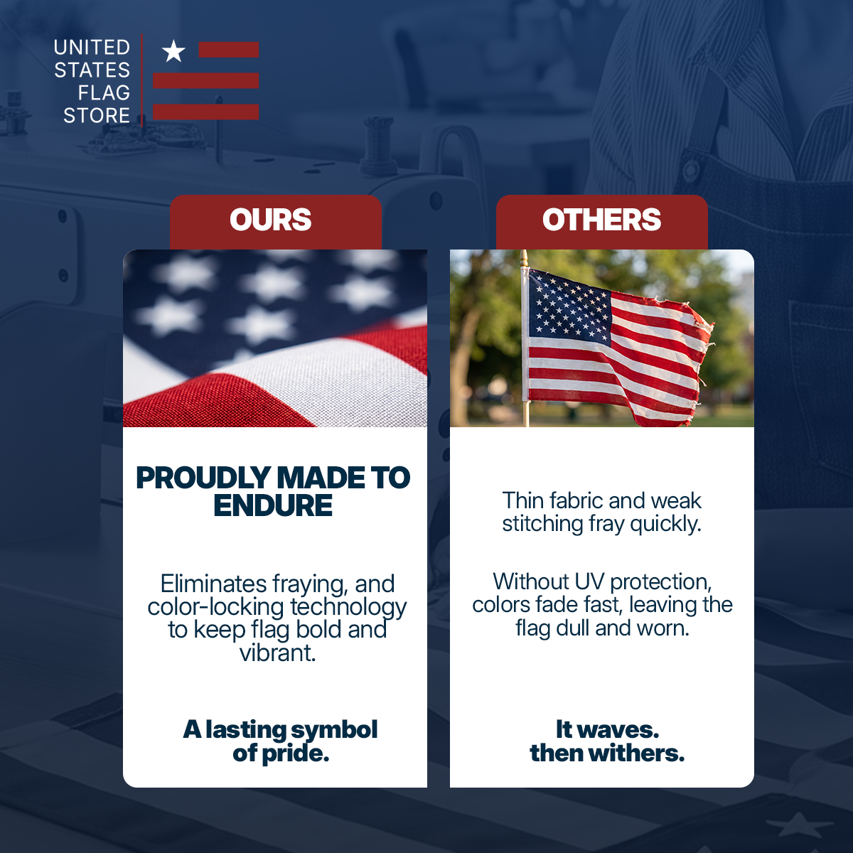 A promotional comparison graphic for a United States flag, showing two side-by-side panels labeled 'OURS' and 'OTHERS' with American flag imagery and text about durability and stitching quality. The top left corner includes the text 'UNITED STATES FLAG STORE'.