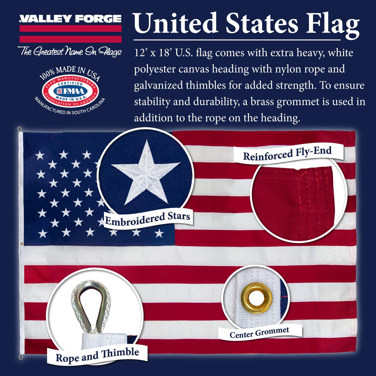 American Flag 12ft x 18ft Valley Forge Koralex II 2-Ply Sewn Polyester