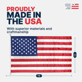 An 18 by 12 foot American flag shown on a light gray background with promotional text reading 'Proudly Made in the USA' and dimension callouts indicating 18 feet wide and 12 feet tall.