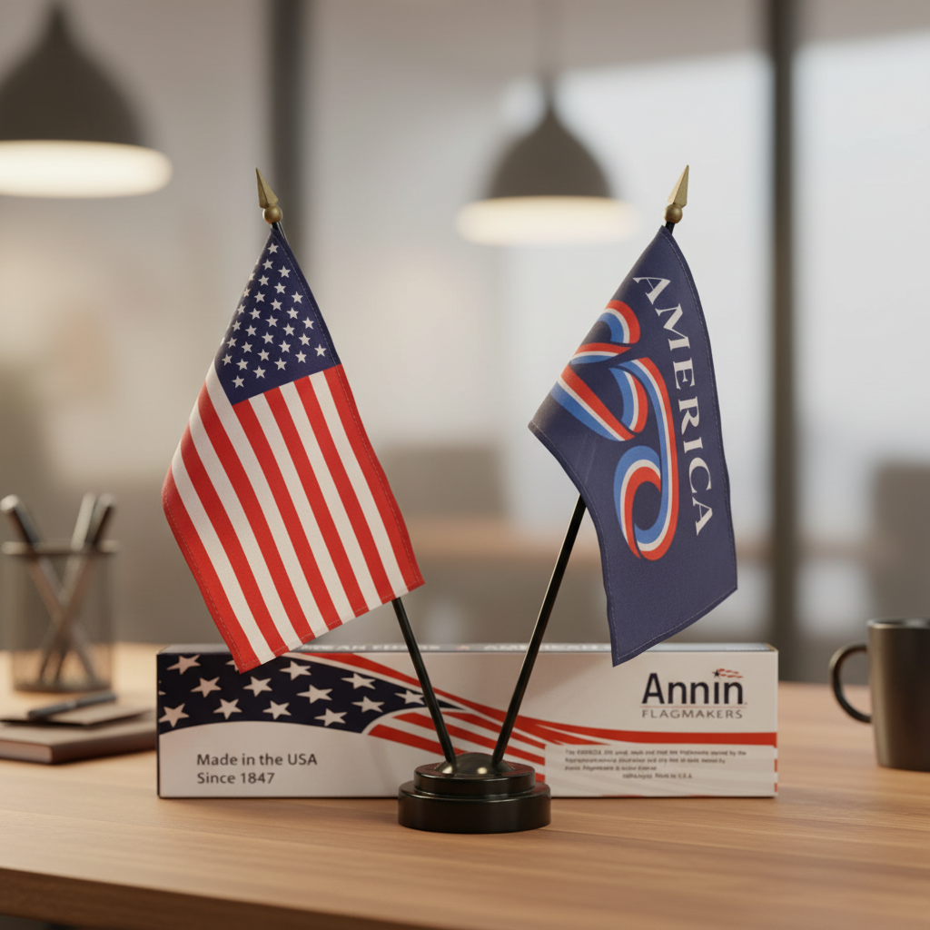 Two small flags on a stand with 'Annin' packaging in the background.