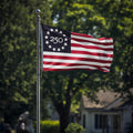 American Flag with 13 starts in a circle in the blue cantor with the number 250 in the center of the stars on a pole against a blurred background of trees and houses